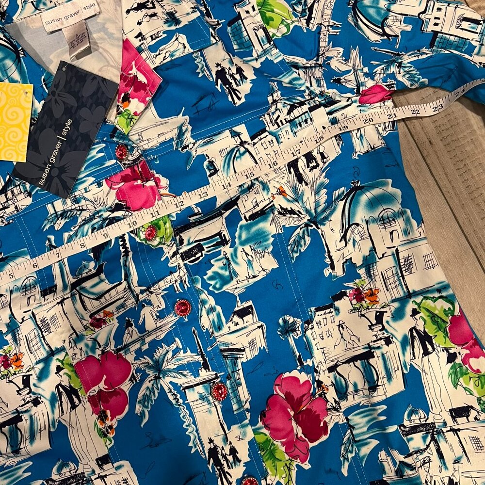Susan Graver Women Blue Pink Tropical City Scape Collar Blouse Jacket 8 BE - Picture 8 of 9